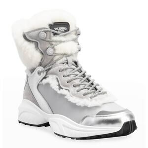 Valentino VLogo Metallic Silver Ivory Shearling & Leather High-Top Sneakers